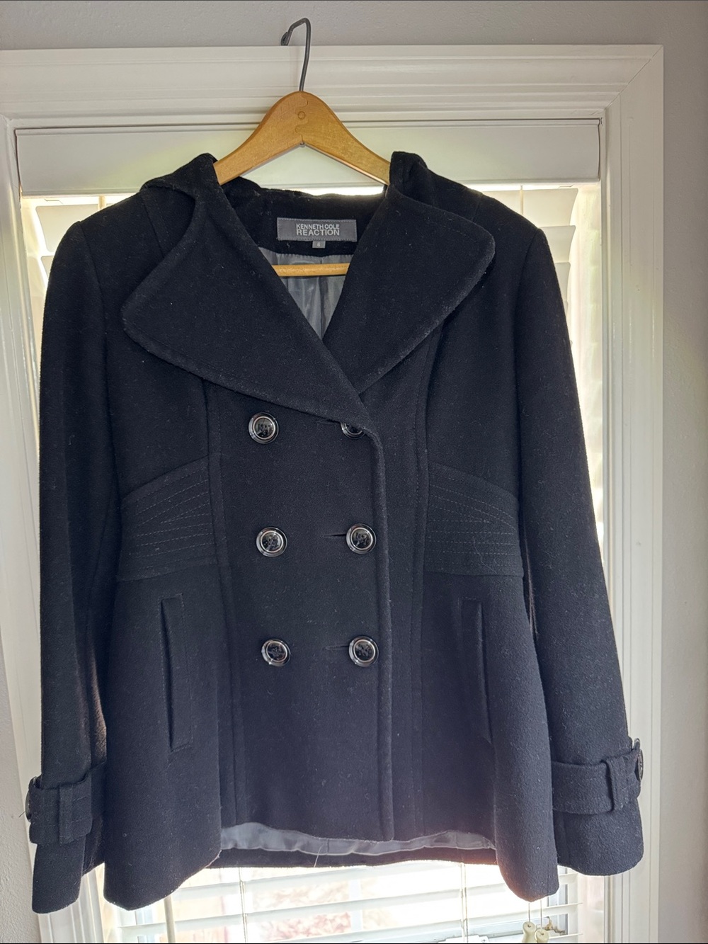 Kenneth Cole Reaction Black Double-Breasted Hooded Peacoat